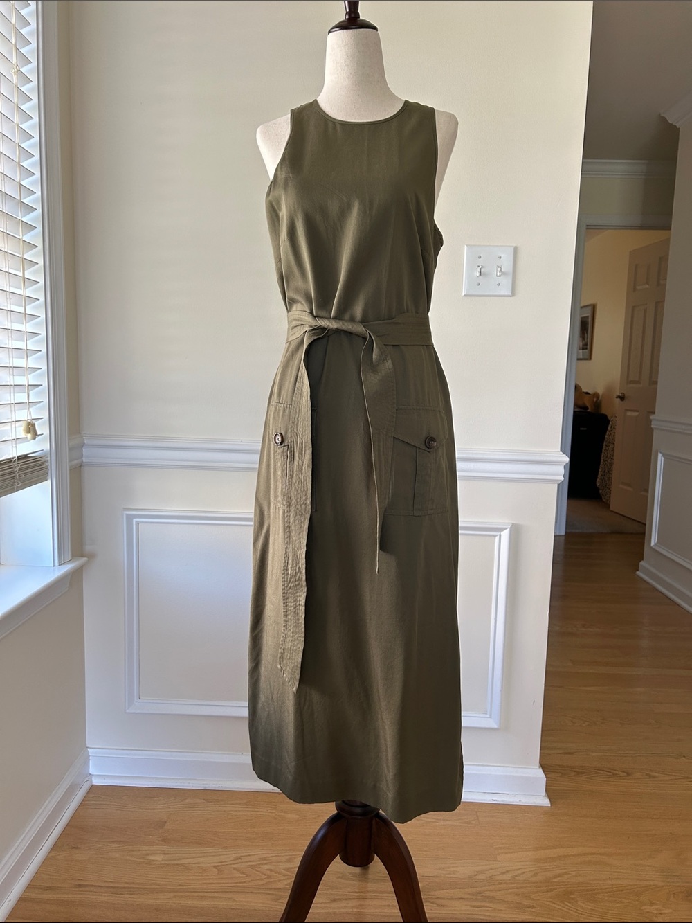 Sleeveless Olive Green Belted Maxi Dress